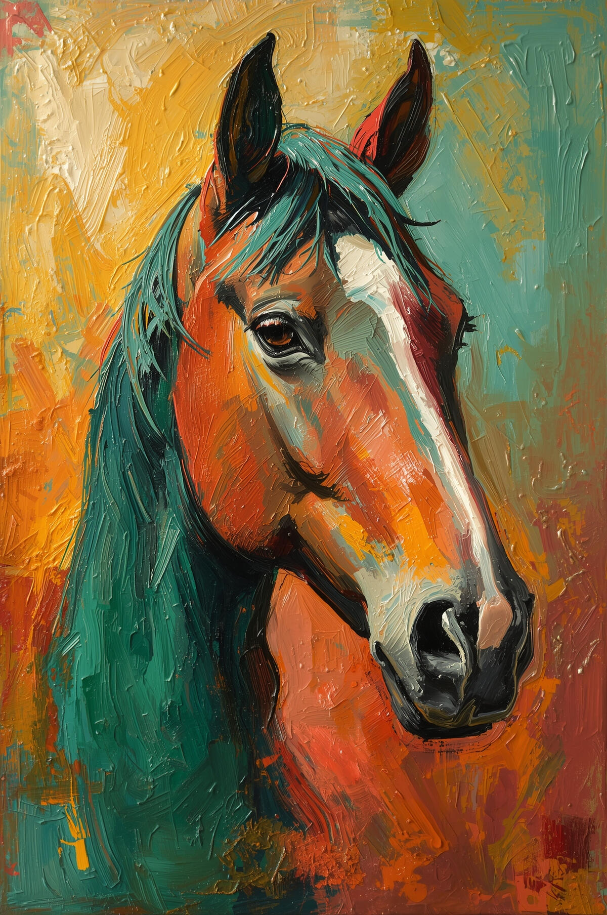 model with diamond jewelry looking over New York canvas painting horse ranch races oil hand paint